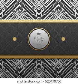 Horizontal banner template on silver/platinum metallic background with seamless geometric pattern. Elegant luxury style.