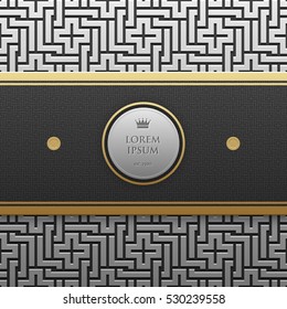 Horizontal banner template on silver/platinum metallic background with seamless geometric pattern. Elegant luxury style.