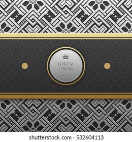 Horizontal banner template on silver/platinum metallic background with seamless geometric pattern. Elegant luxury style.