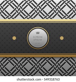 Horizontal banner template on silver/platinum metallic background with seamless geometric pattern. Elegant luxury style.