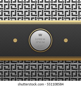 Horizontal banner template on silver/platinum metallic background with seamless geometric pattern. Elegant luxury style.