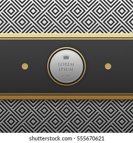 Horizontal banner template on silver/platinum metallic background with seamless geometric pattern. Elegant luxury style.