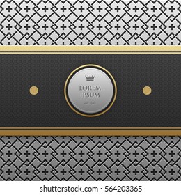 Horizontal banner template on silver/platinum metallic background with seamless geometric pattern. Elegant luxury style.