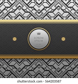 Horizontal banner template on silver/platinum metallic background with seamless geometric pattern. Elegant luxury style.