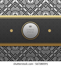 Horizontal banner template on silver/platinum metallic background with seamless geometric pattern. Elegant luxury style.
