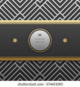 Horizontal banner template on silver/platinum metallic background with seamless geometric pattern. Elegant luxury style.