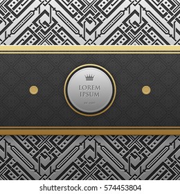 Horizontal banner template on silver/platinum metallic background with seamless geometric pattern. Elegant luxury style.