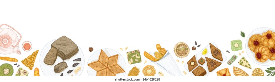 Horizontal banner template with oriental sweets on plates at bottom edge. Traditional dessert meals, tasty confections, delicious pastry food on white background. Hand drawn vector illustration.