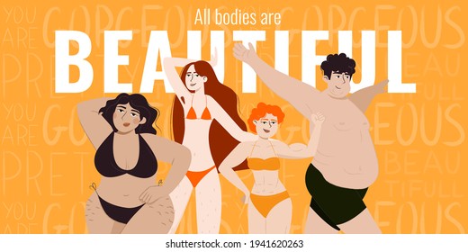 Horizontal banner template with people of different body types and weights. Diversity of human beauty.