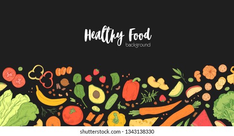 Horizontal banner template with scattered fresh wholesome food on black background. Backdrop with tasty eco healthy products, delicious dietary nutrition. Hand drawn realistic vector illustration
