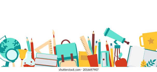 Horizontal banner template with school supplies, tools, stationery, items. Back to school concept for web and promotional materials. Sale leaflet, advertising. Vector illustration isolated on white