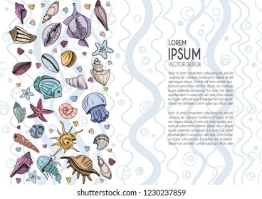 Horizontal banner template with seashells and fish, with sample text. Hand drawing vector, advertising banner design, flyer, illustration for web site etc. 