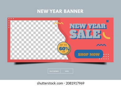 Horizontal banner template. Social media promotion template. New year sale 80s retro post template. memphis social media design.