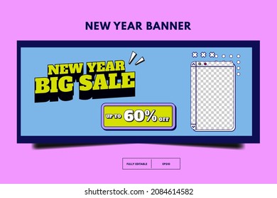 Horizontal Banner Template. Social Media Promotion Template. New Year Sale 80s Retro Post Template. Memphis Social Media Design. Banner Template Design With Space For Photo