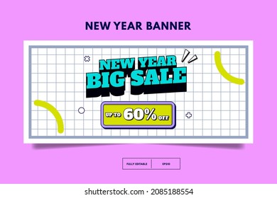 Horizontal banner template. Social media promotion template. New year sale 80s retro post template. memphis social media design. banner template design with space for photo