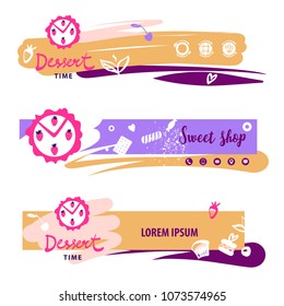 Horizontal banner template for sweet cake shop. Food blog with recipe pie. Concept image with top view strawberry pie