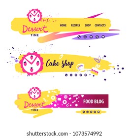 Horizontal banner template for sweet cake shop. Food blog with recipe pie. Concept image with top view strawberry pie.