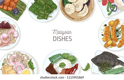 Horizontal banner template with tasty meals of Malaysian cuisine or frame made of delicious spicy Asian restaurant dishes lying on plates, top view. Colorful hand drawn realistic vector illustration. svg