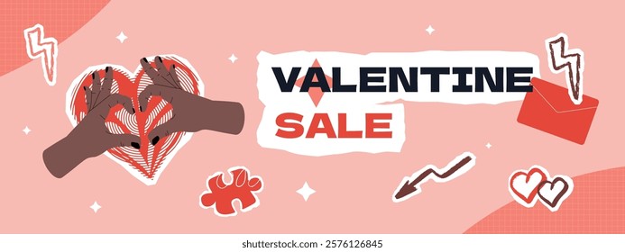 A horizontal banner template for a Valentine's day sale with a textured heart, hand gestures and various doodle elements. A collage-style layout.
