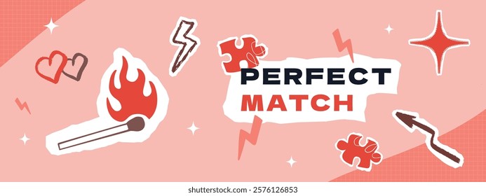 A horizontal banner template for Valentine's day with a burning match, lightning, puzzles and various doodle elements. A collage-style layout.