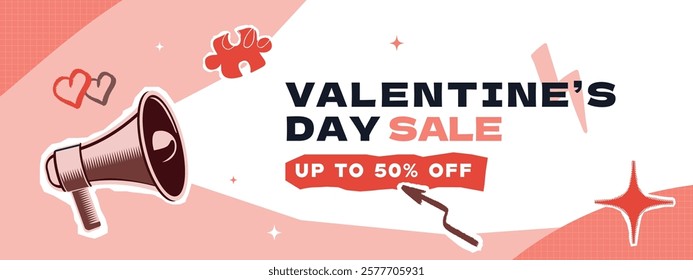 A horizontal banner template for a Valentine's Day sale with a speaker, various doodle elements, and typography. Collage-style layout design.