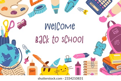 Horizontal banner template for Welcome Back To School seasonal sale decorated by stationery at bottom edge.