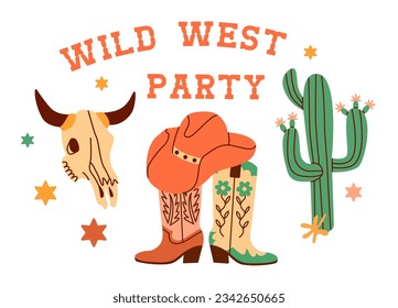 Horizontal banner template for wild west party invitation decorated by boots, hat, cactus, skull.