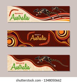 Horizontal banner templates in Australian aboriginal style. Kangaroo, boomerang, stylized sun, decorative elements. Welcome inscription. Vector color illustration.