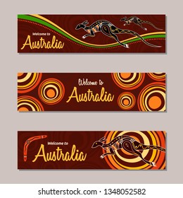 Horizontal banner templates in Australian aboriginal style. Kangaroo, boomerang, stylized sun, decorative elements. Welcome inscription. Vector color illustration.