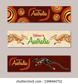 Horizontal banner templates in Australian aboriginal style. Kangaroo, boomerang, stylized sun, decorative elements. Welcome inscription. Vector color illustration.