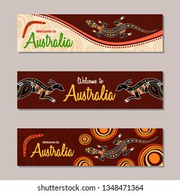 Horizontal banner templates in Australian aboriginal style. Kangaroo, lizard, boomerang, stylized sun, decorative elements. Welcome inscription. Vector color illustration.