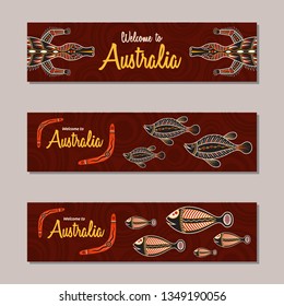 Horizontal banner templates in Australian aboriginal style. Crocodile, boomerang, fishes, decorative elements. Welcome inscription. Vector color illustration.