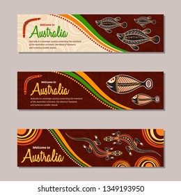 Horizontal banner templates in Australian aboriginal style. Lizard, fish, boomerang, stylized sun, decorative elements. Welcome inscription. Vector color illustration.