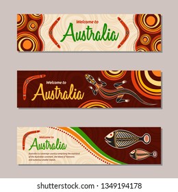 Horizontal banner templates in Australian aboriginal style. Kangaroo, boomerang, fish, stylized sun, decorative elements. Welcome inscription. Vector color illustration.