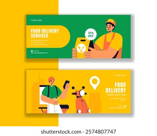 Horizontal Banner Templates Featuring Food Delivery in Flat Cartoon Style