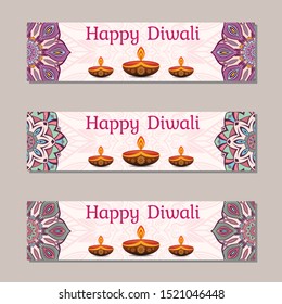Horizontal banner templates for Indian Festival Of Happy Diwali Celebration. Creative website hader o banner Design. Vector color illustration.