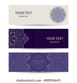 Horizontal banner templates with mandala pattern. Design for flyer, banner, invitation, greeting card. Vintage style