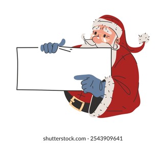 Horizontal banner for the text or greetings with Santa Claus character. Blank template or card. Personage of Santa or Saint Nicholas holds empty letter or sheet. Page for wishlist on Xmas holidays.