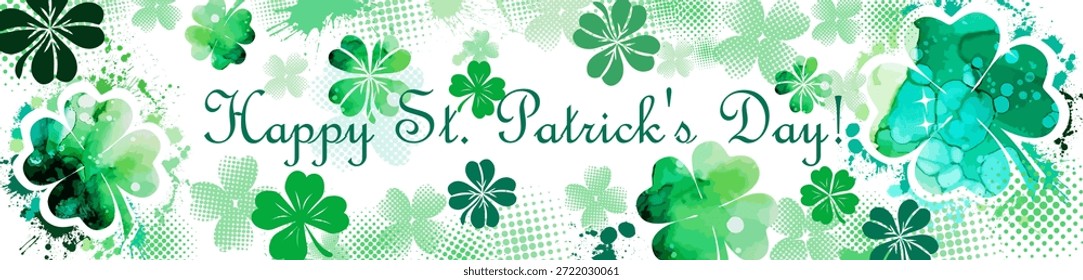 Anuncio Horizontal con texto Feliz día de San Patricio. Patrón de hojas de trébol verde. Dibujado a mano. No IA, Ilustración vectorial
