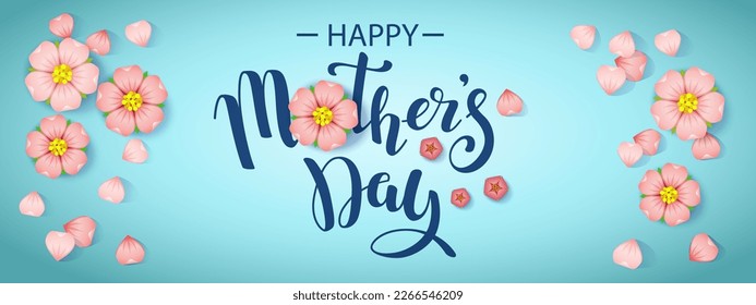 Horizontal banner with text message With Happy Mother's day and cherry flowers. Hand drawn vector lettering for banner, background, card