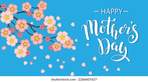 Horizontal banner with text message Happy Mother's day and cherry flowers branch