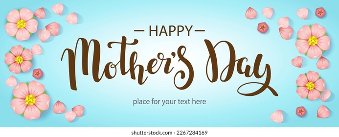 Banner horizontal con mensaje de texto Con Feliz Día de la Madre y flores de cerezo