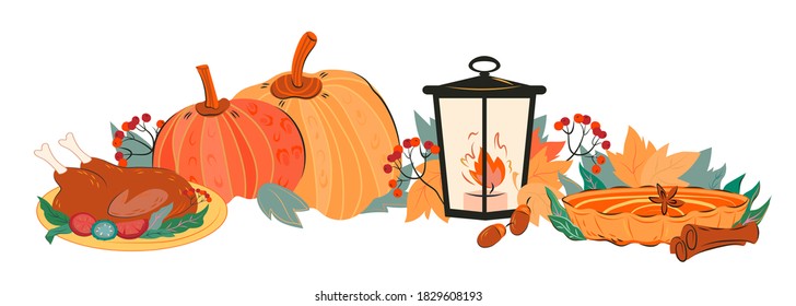 Horizontal banner for Thanksgiving or Halloween holidays with roasted turkey and pumpkin pie. Autumn  party dishes and decorative elements,  flat vector illustration isolated on white background. 