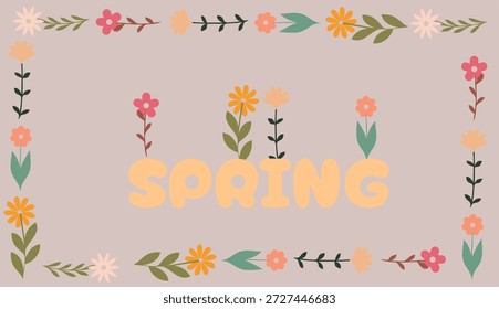 Um banner horizontal com um quadro floral fino contendo pequenas plantas coloridas e folhas ao redor de um grande texto de primavera em negrito no centro sobre um fundo cinza quente