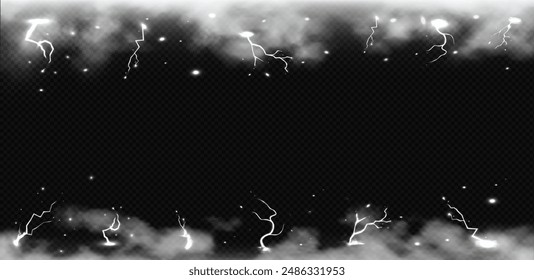 Anuncio Horizontal con truenos y relámpagos y nubes blancas a lo largo del borde superior e inferior. Niebla espesa, smog, humo. Brillantes destellos de luz. Ilustración vectorial aislada sobre un fondo oscuro.