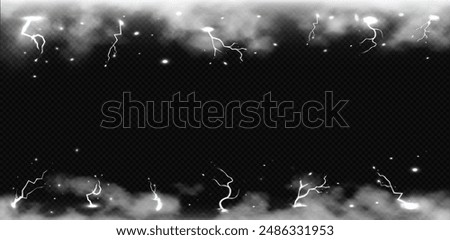 Horizontal banner with thunder and lightning and white clouds along the top and bottom border. Thick fog, smog, smoke. Bright flashes of light. Vector illustration isolated on a dark background.