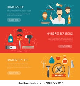 Horizontal banner with title and information about barbershop hairdresser items barber stylist isolated vector illustration