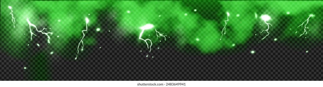 Horizontal banner with top border. Mystical green foggy clouds with lightning. Bright poisonous smoke with electrical discharges of energy on a transparent background. Vector illustration.