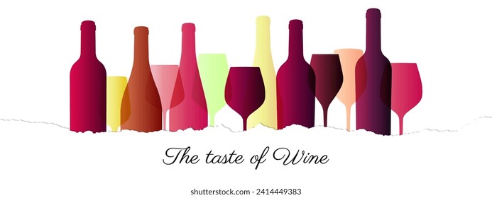 Banner horizontal con forma de contorno rota. Silhouettes de coloridas botellas de vino y vasos. Color editable. Vector