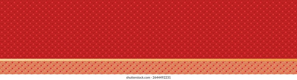 Anuncio Horizontal con el modelo chino tradicional con el espacio vacío para su diseño. Festival tradicional asiático del Año Nuevo chino. Ilustración vectorial, rojo, colores dorados